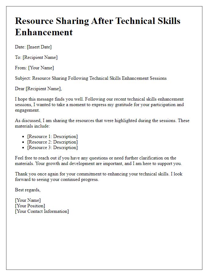 Letter template of resource sharing after technical skills enhancement sessions