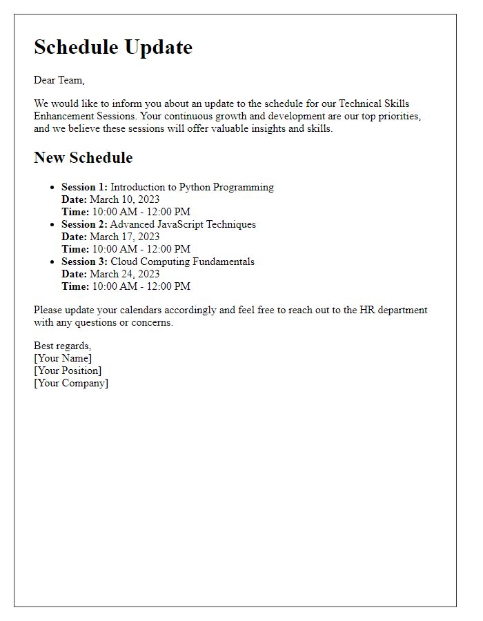 Letter template of schedule update for technical skills enhancement sessions