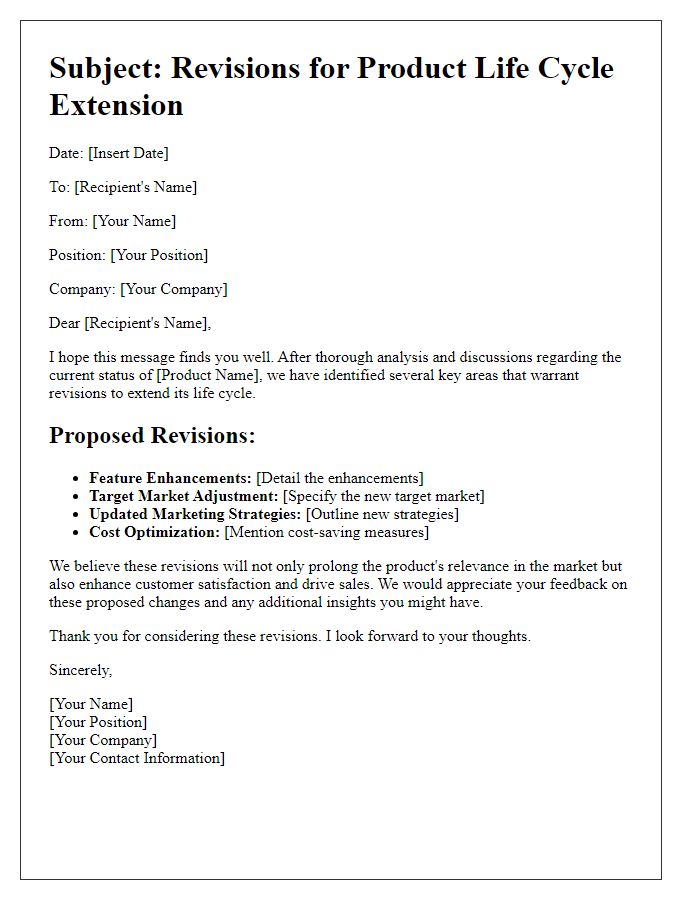 Letter template of revisions for product life cycle extension