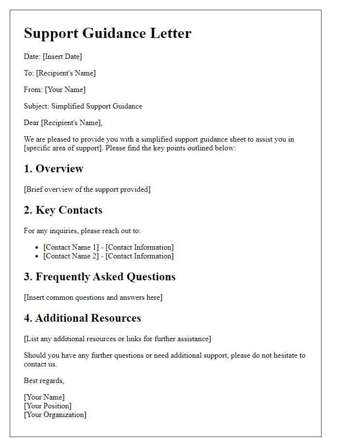 Letter template of simplified support guidance sheet