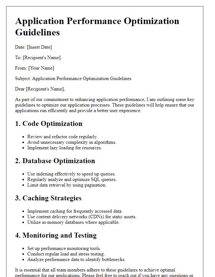 Letter template of application performance optimization guidelines.