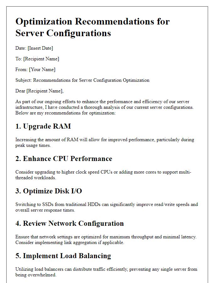 Letter template of optimization recommendations for server configurations.