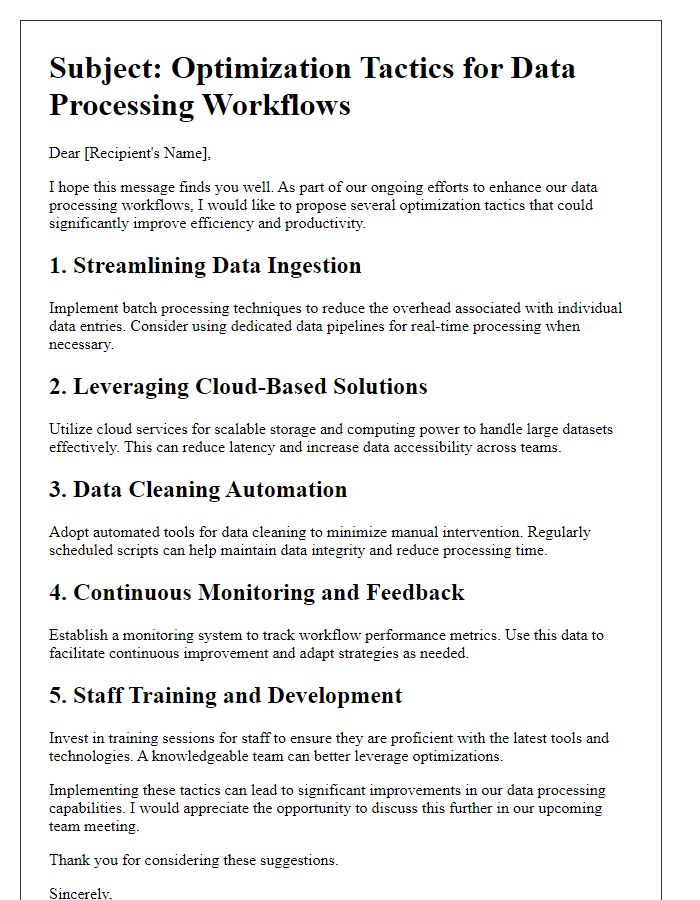 Letter template of optimization tactics for data processing workflows.