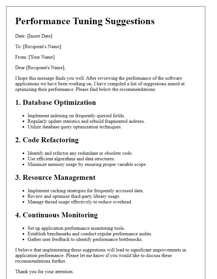 Letter template of performance tuning suggestions for software applications.