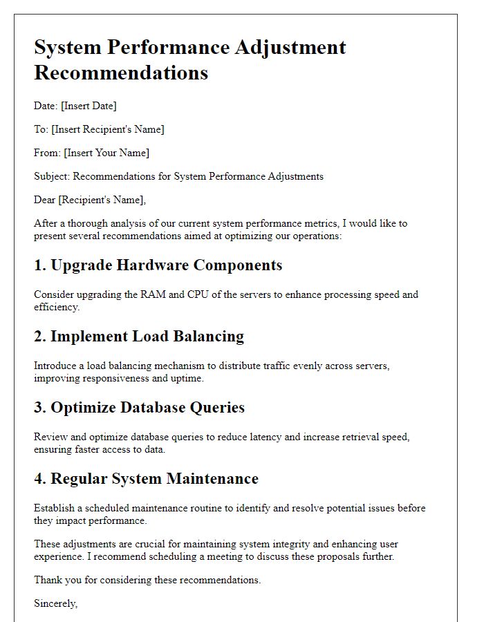 Letter template of system performance adjustment recommendations.