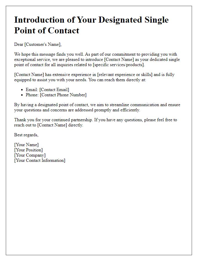 Letter template of introduction for a designated single point of contact for customer inquiries.