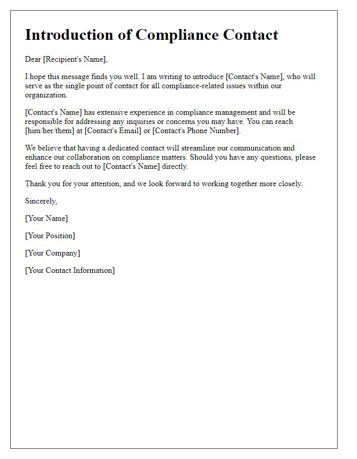 Letter template of introduction for a single point of contact for compliance issues.