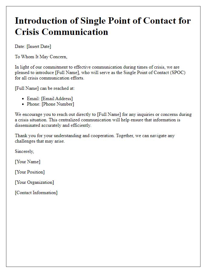 Letter template of introduction for a single point of contact in crisis communication.