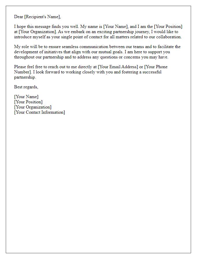 Letter template of introduction for a single point of contact in partnership development.