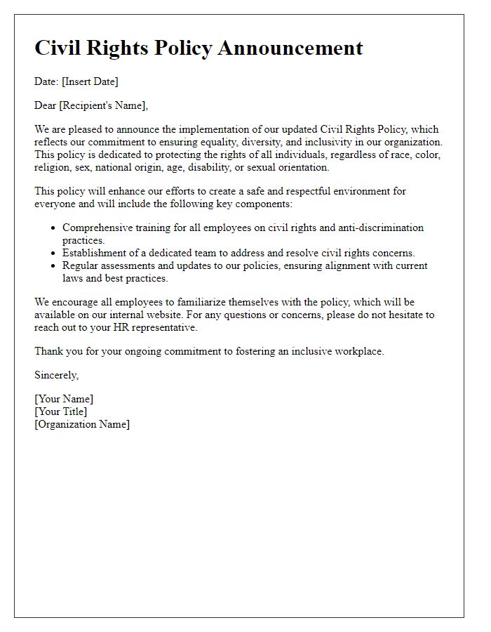 Letter template of civil rights policy announcement.