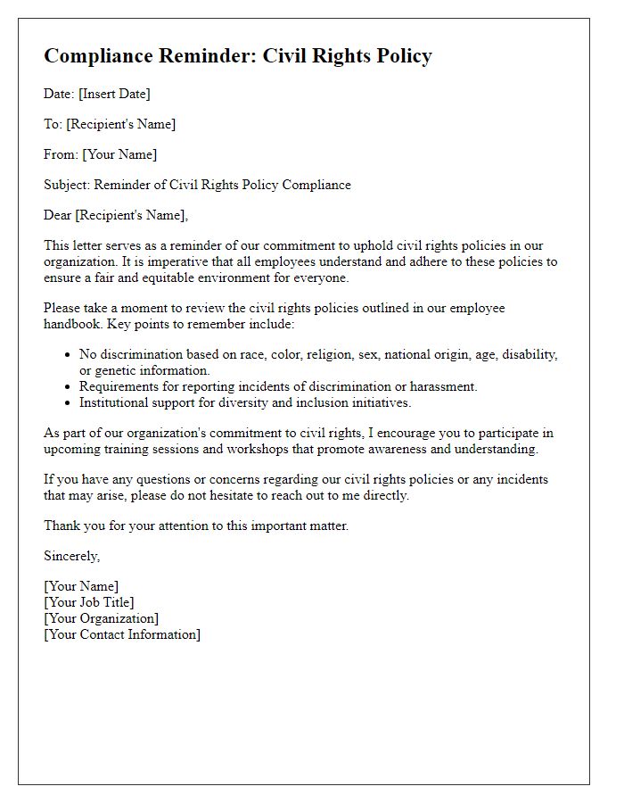 Letter template of civil rights policy compliance reminder.