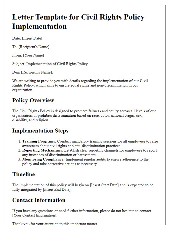 Letter template of civil rights policy implementation details.