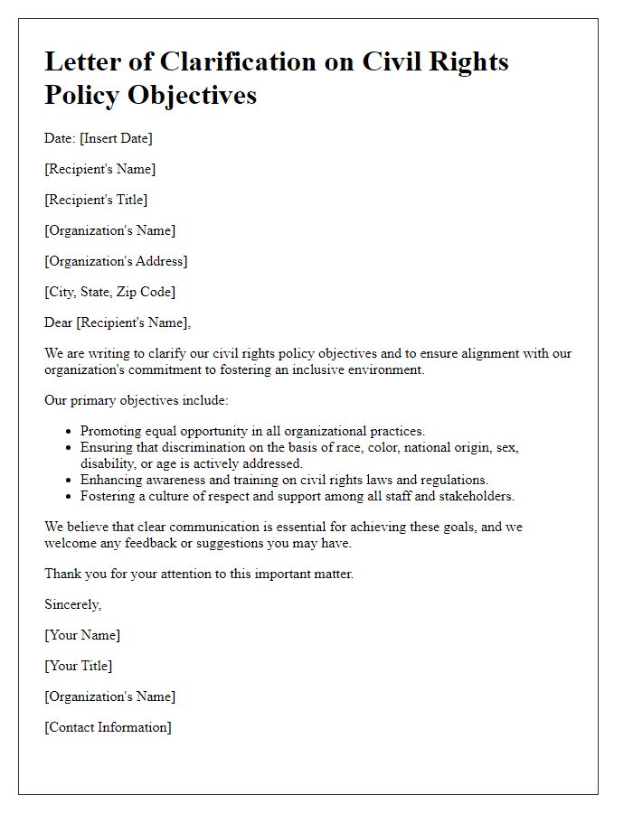 Letter template of civil rights policy objectives clarification.