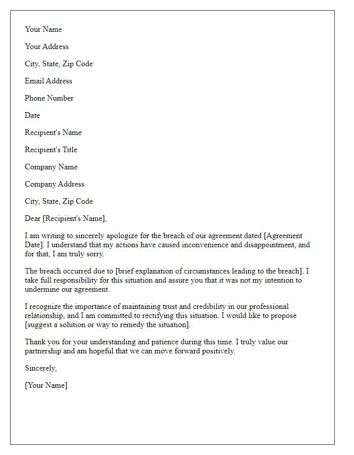 Letter template of explanation and apology for a breached agreement