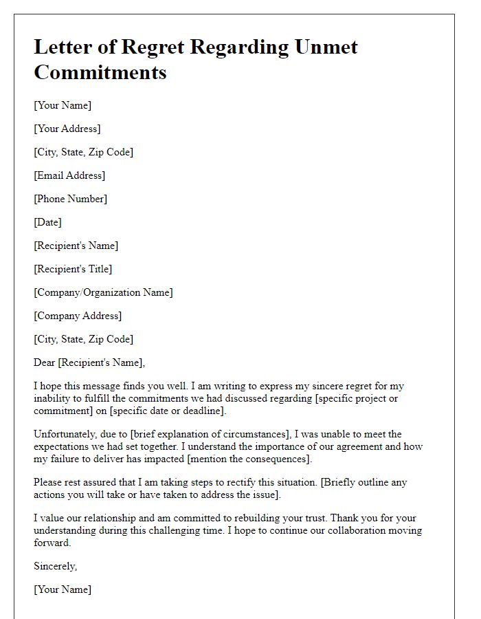 Letter template of regret regarding unmet commitments