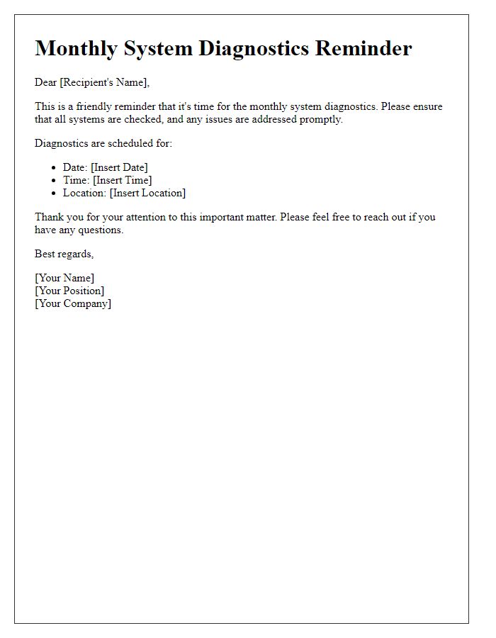 Letter template of monthly system diagnostics reminder