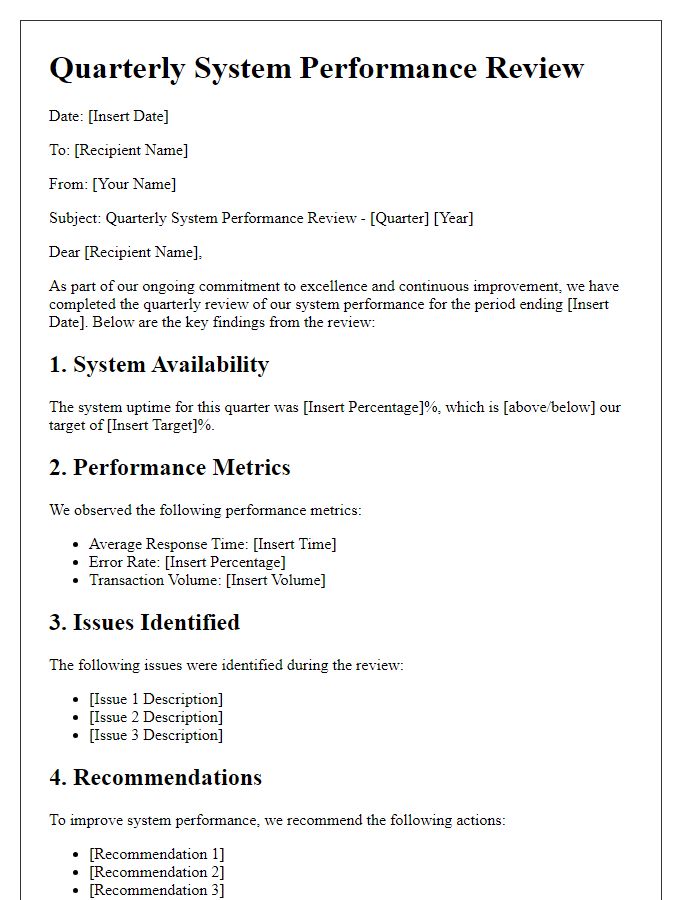 Letter template of quarterly system performance review