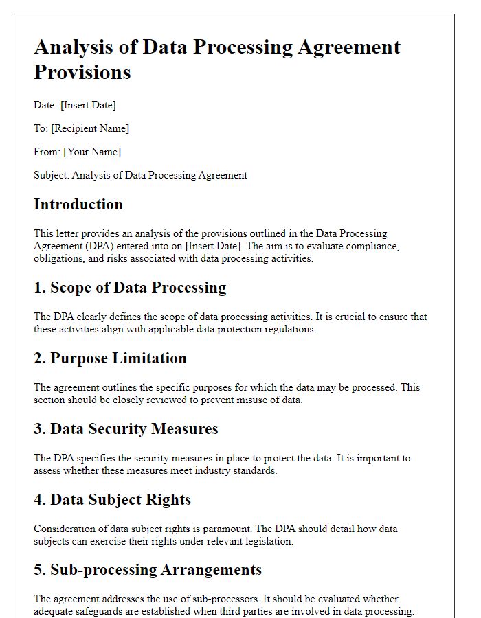 Letter template of Analysis of Data Processing Agreement Provisions