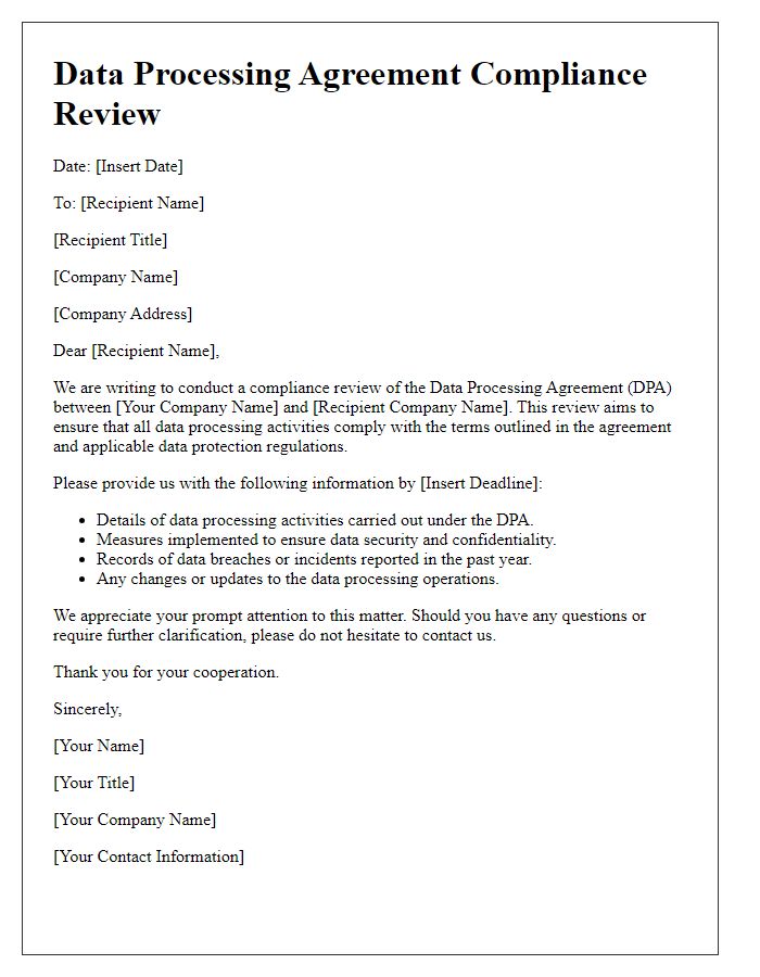 Letter template of Data Processing Agreement Compliance Review