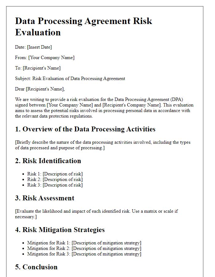 Letter template of Data Processing Agreement Risk Evaluation