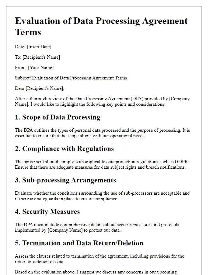 Letter template of Evaluation of Data Processing Agreement Terms