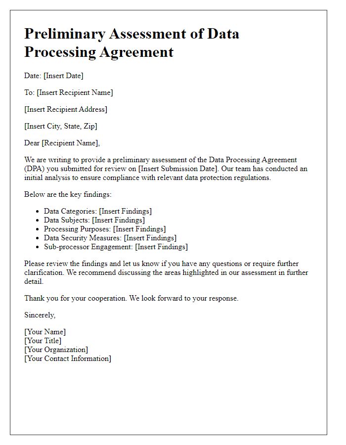 Letter template of Preliminary Assessment of Data Processing Agreement