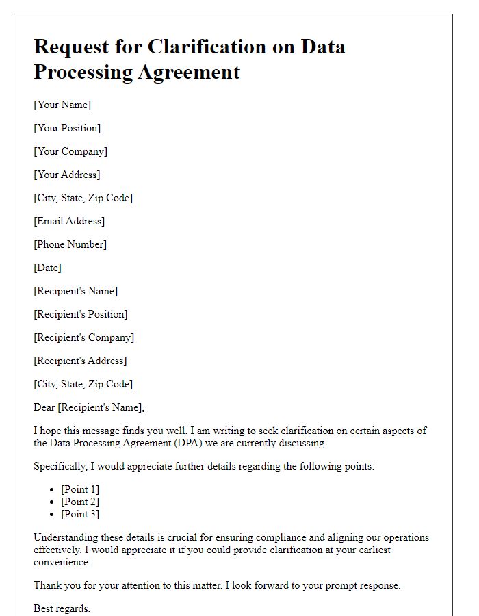 Letter template of Request for Clarification on Data Processing Agreement