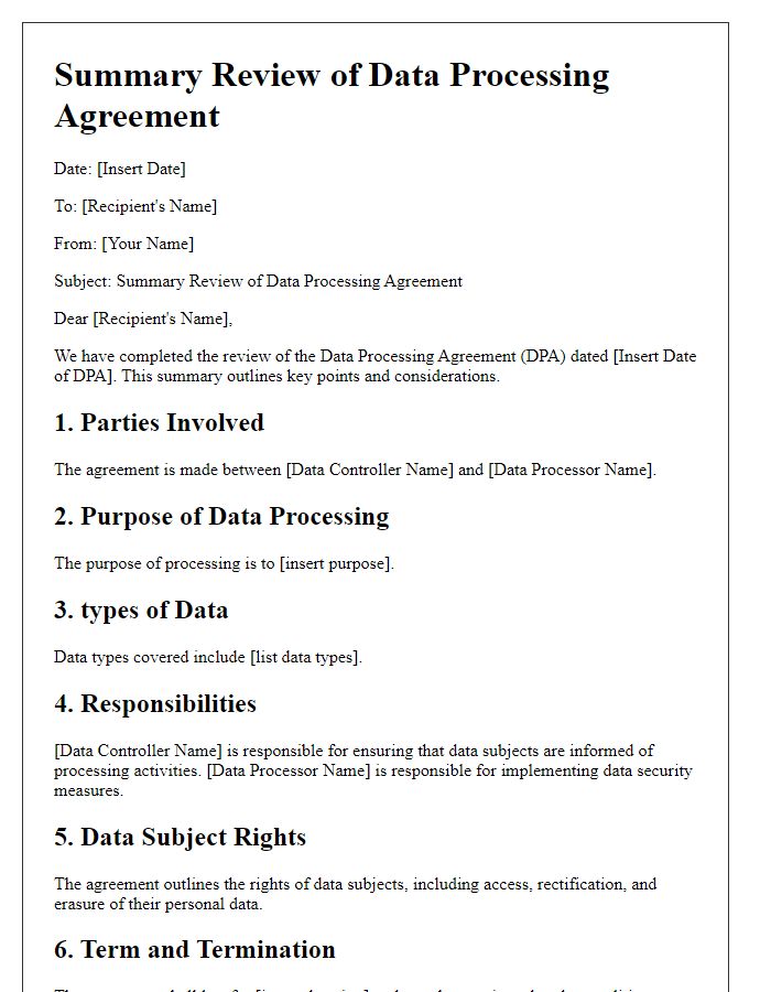 Letter template of Summary Review of Data Processing Agreement