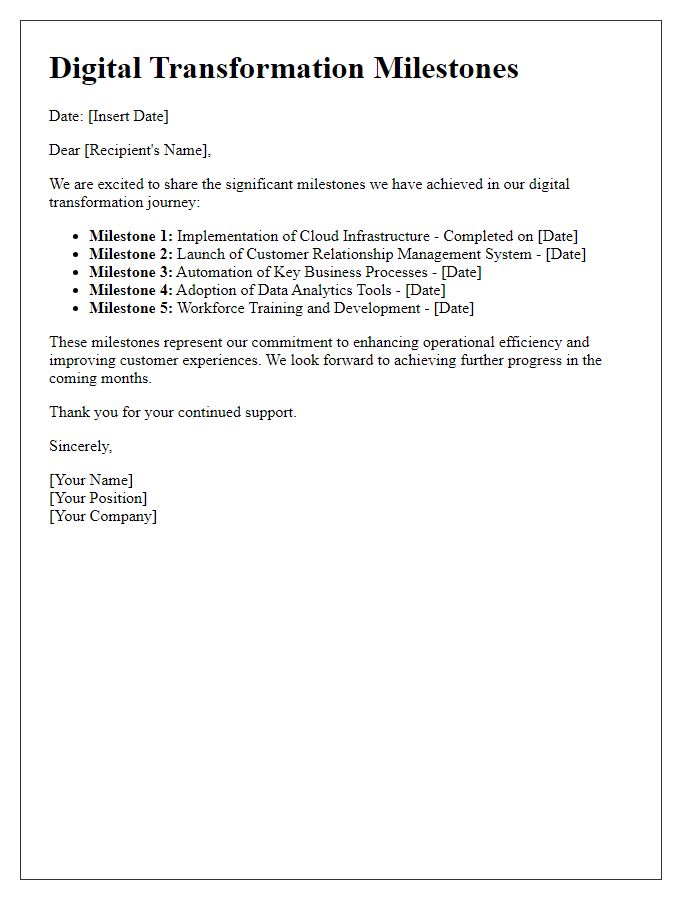 Letter template of digital transformation milestones