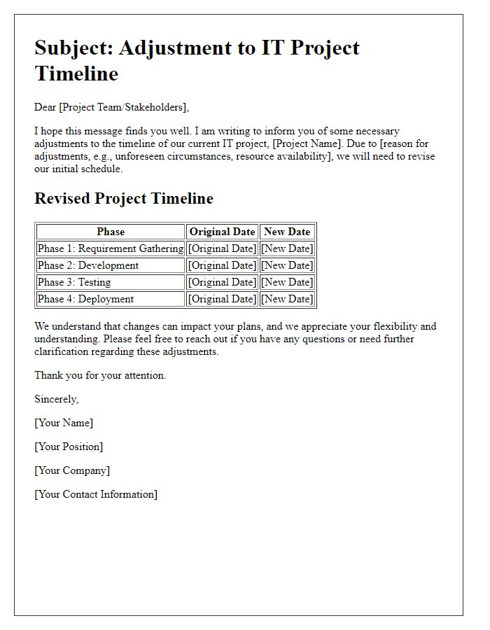 Letter template of IT project timeline adjustments