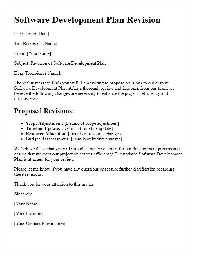 Letter template of software development plan revisions