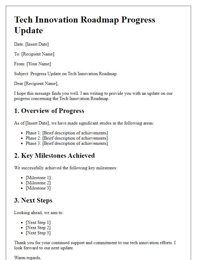 Letter template of tech innovation roadmap progress