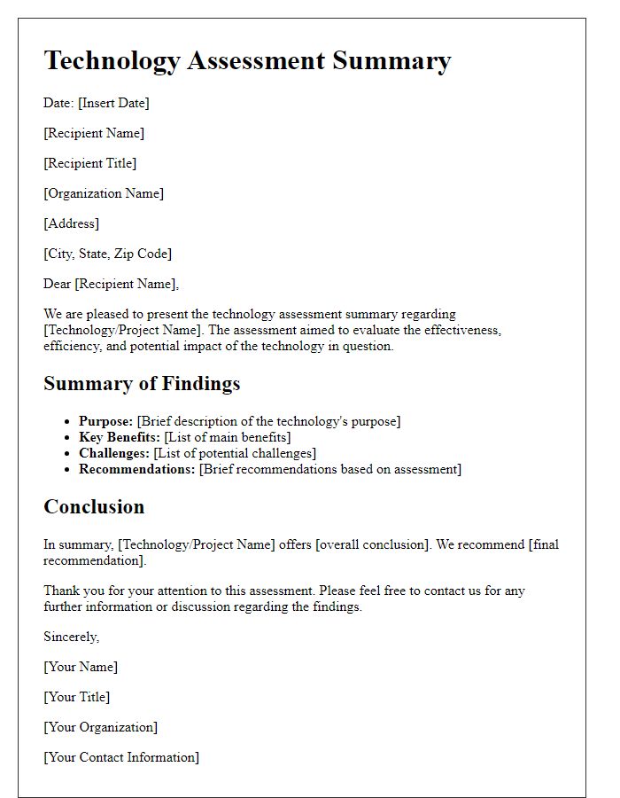 Letter template of technology assessment summaries