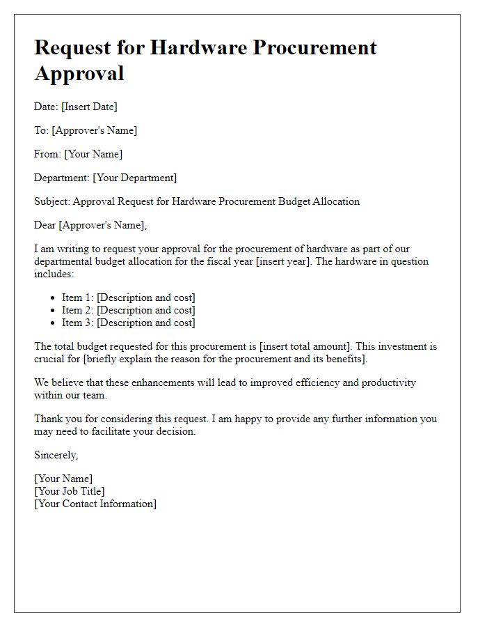 Letter template of hardware procurement approval for budget allocation