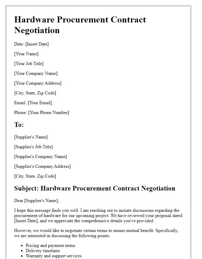 Letter template of hardware procurement contract negotiation