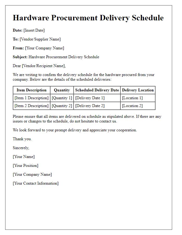 Letter template of hardware procurement delivery schedule