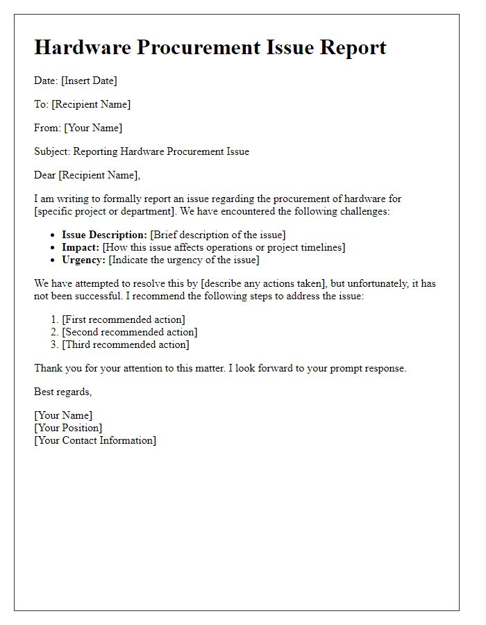 Letter template of hardware procurement issue reporting