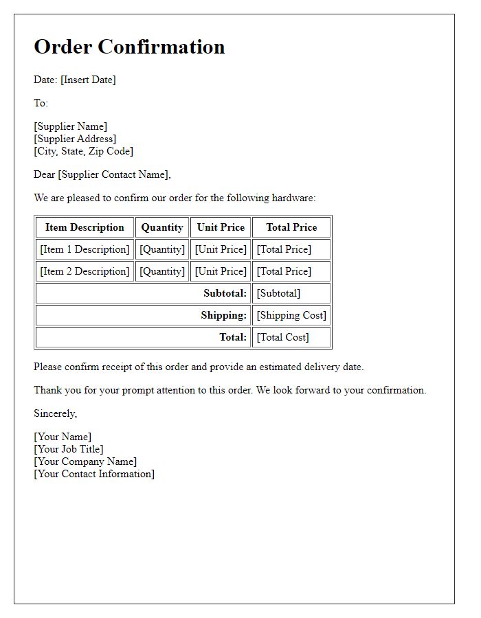 Letter template of hardware procurement order confirmation