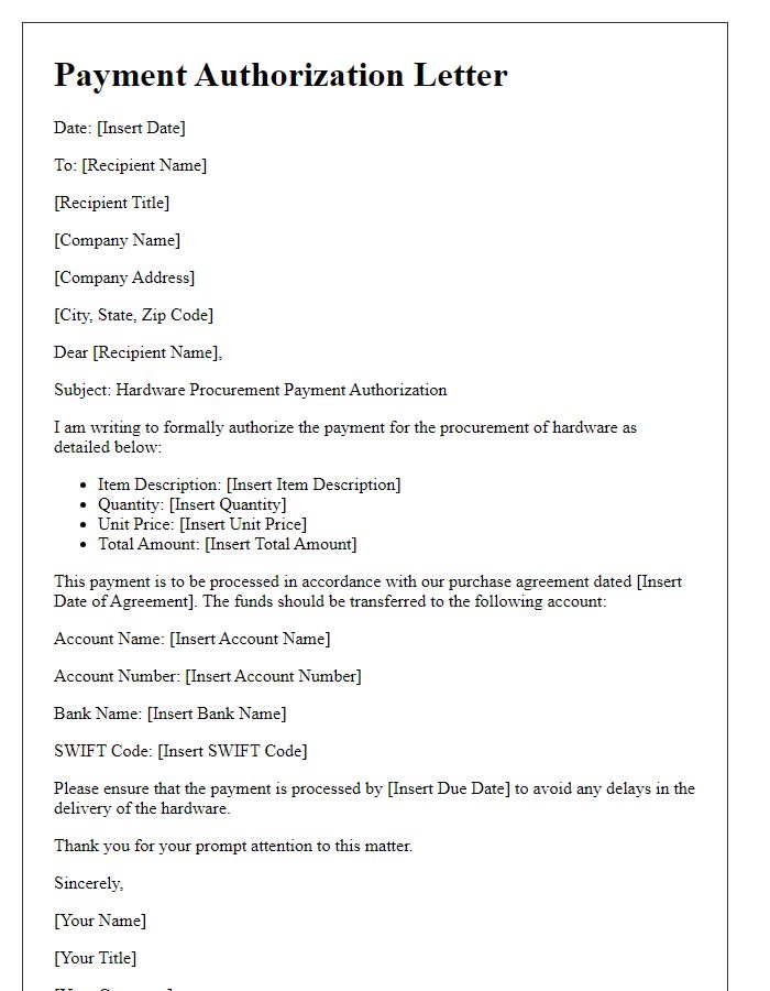 Letter template of hardware procurement payment authorization