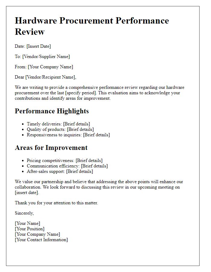 Letter template of hardware procurement performance review