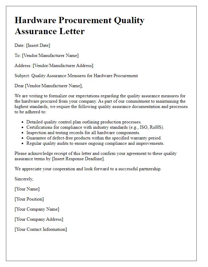 Letter template of hardware procurement quality assurance