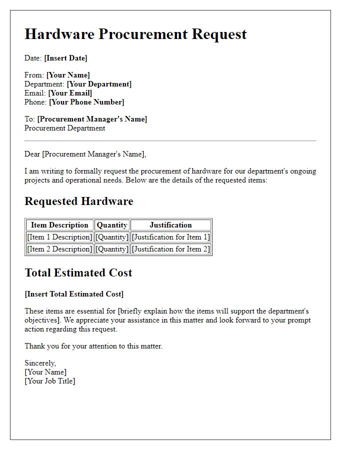 Letter template of hardware procurement request for internal departments