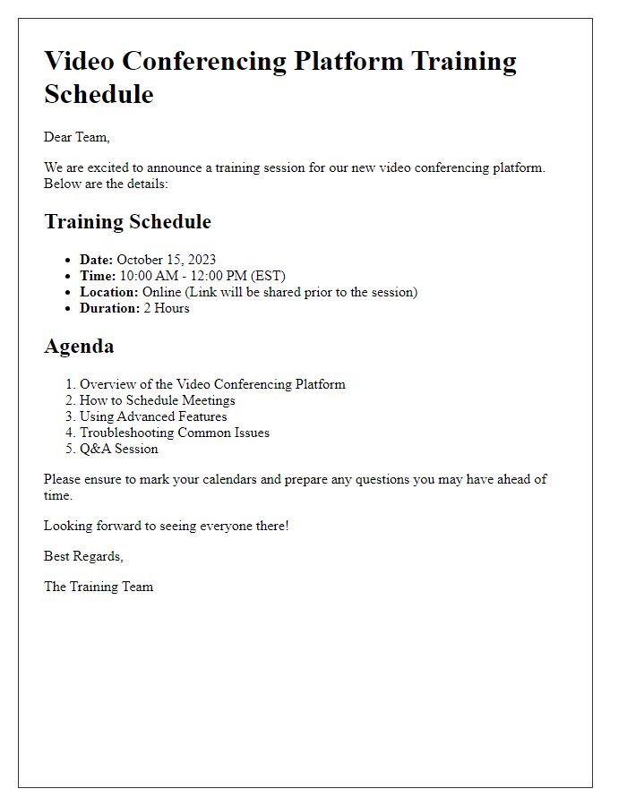 Letter template of video conferencing platform training schedule