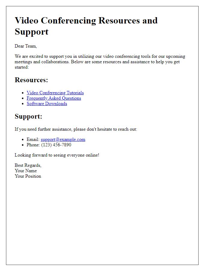 Letter template of video conferencing resources and support