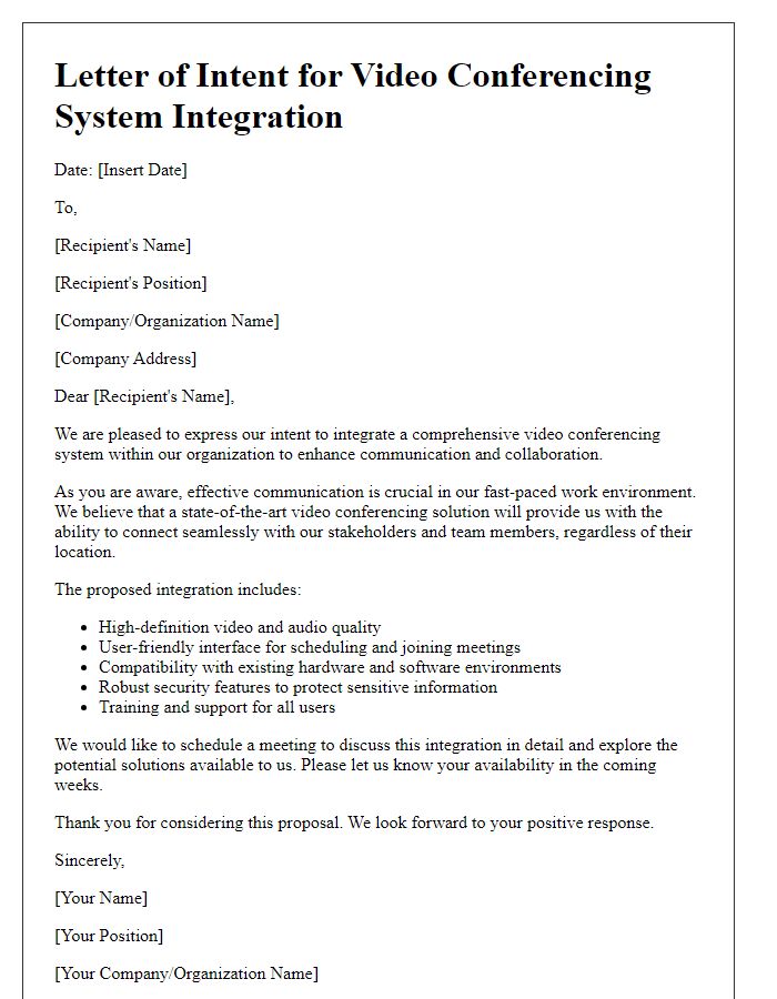 Letter template of video conferencing system integration