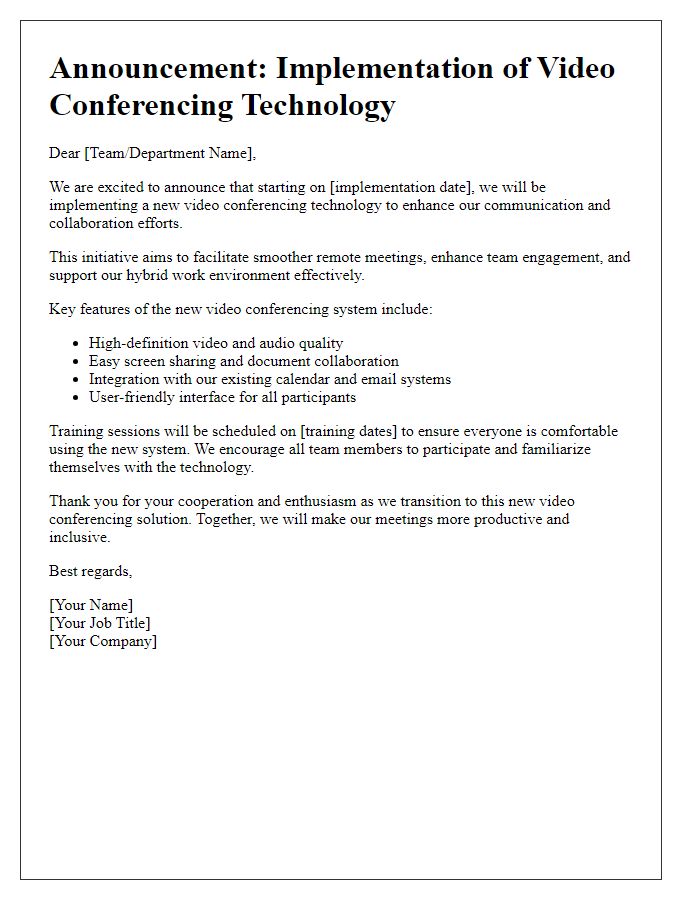 Letter template of video conferencing technology implementation announcement