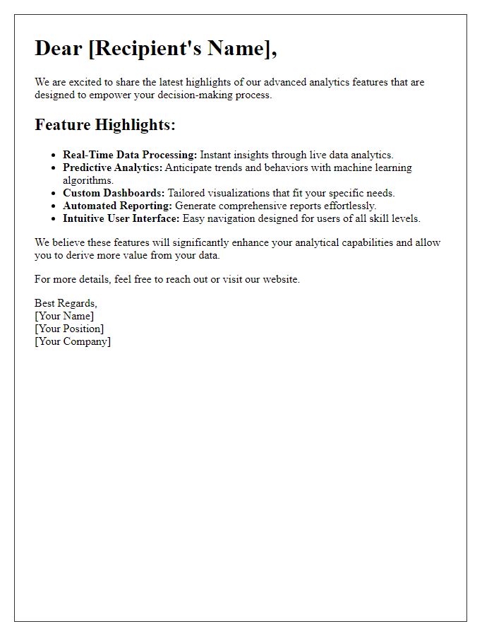 Letter template of advanced analytics feature highlights