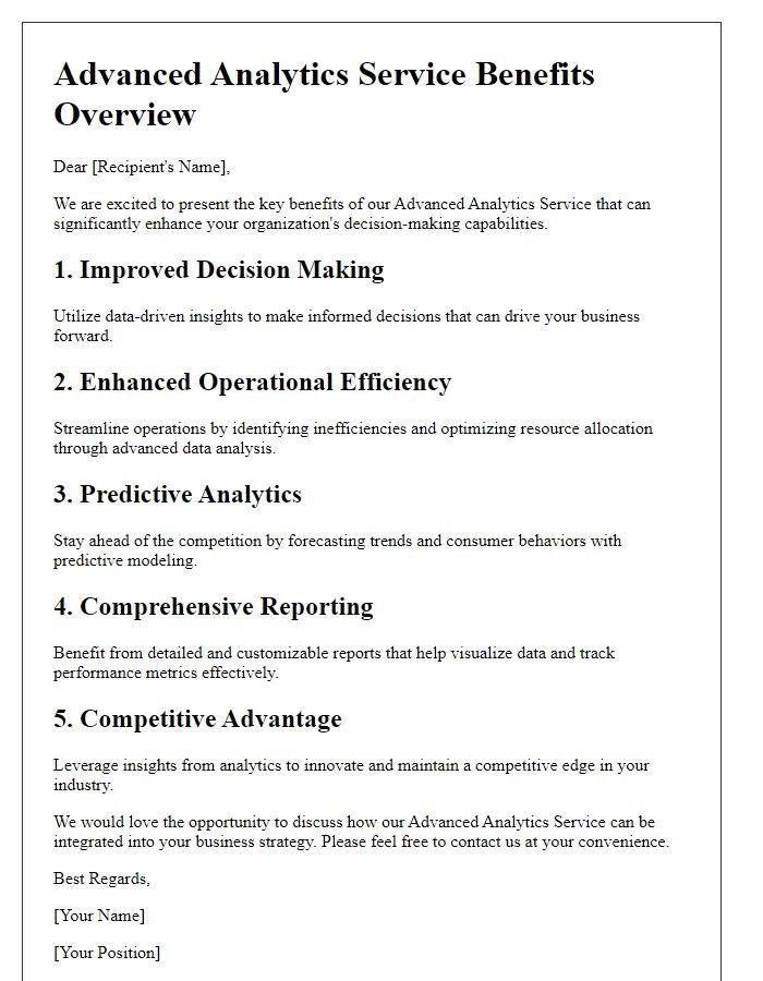 Letter template of advanced analytics service benefits overview