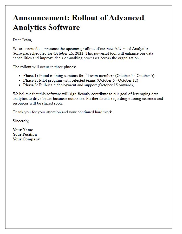 Letter template of advanced analytics software rollout announcement