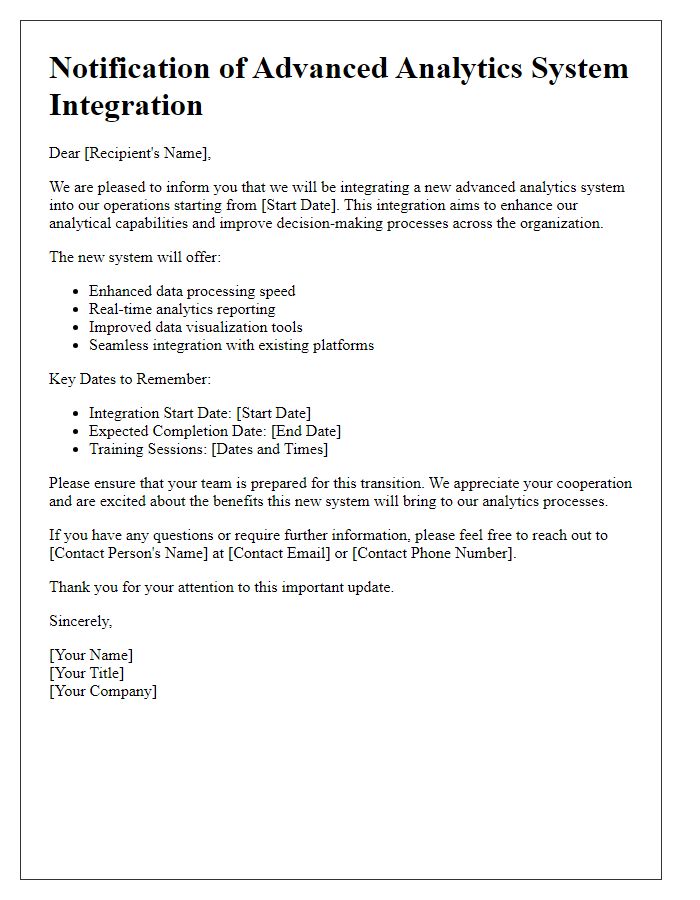 Letter template of advanced analytics system integration notification